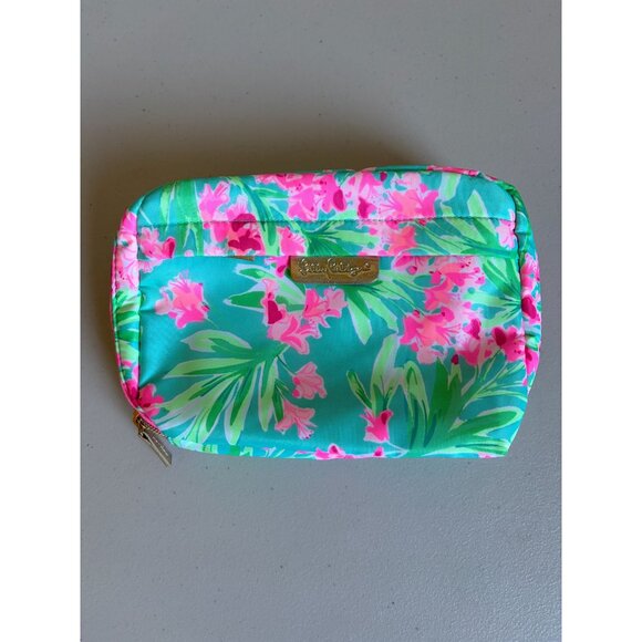 Lilly Pulitzer Aqua Al Fresco Green Pink Floral Makeup Bag 8" x 5" - Picture 2 of 8
